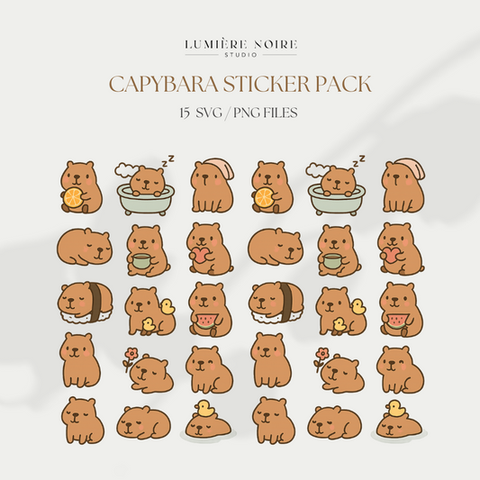 Capybara SVG & PNG Sticker Set – 15 Minimalist Vector Illustrations | Cute Animal Clipart | Kawaii Capybara Bundle | Digital Download