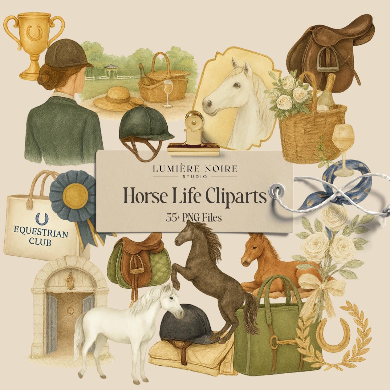 Horse Life Cliparts | 55+ PNG Files | Equestrian Aesthetic Watercolor Set | Digital Download with Master Resell Rights