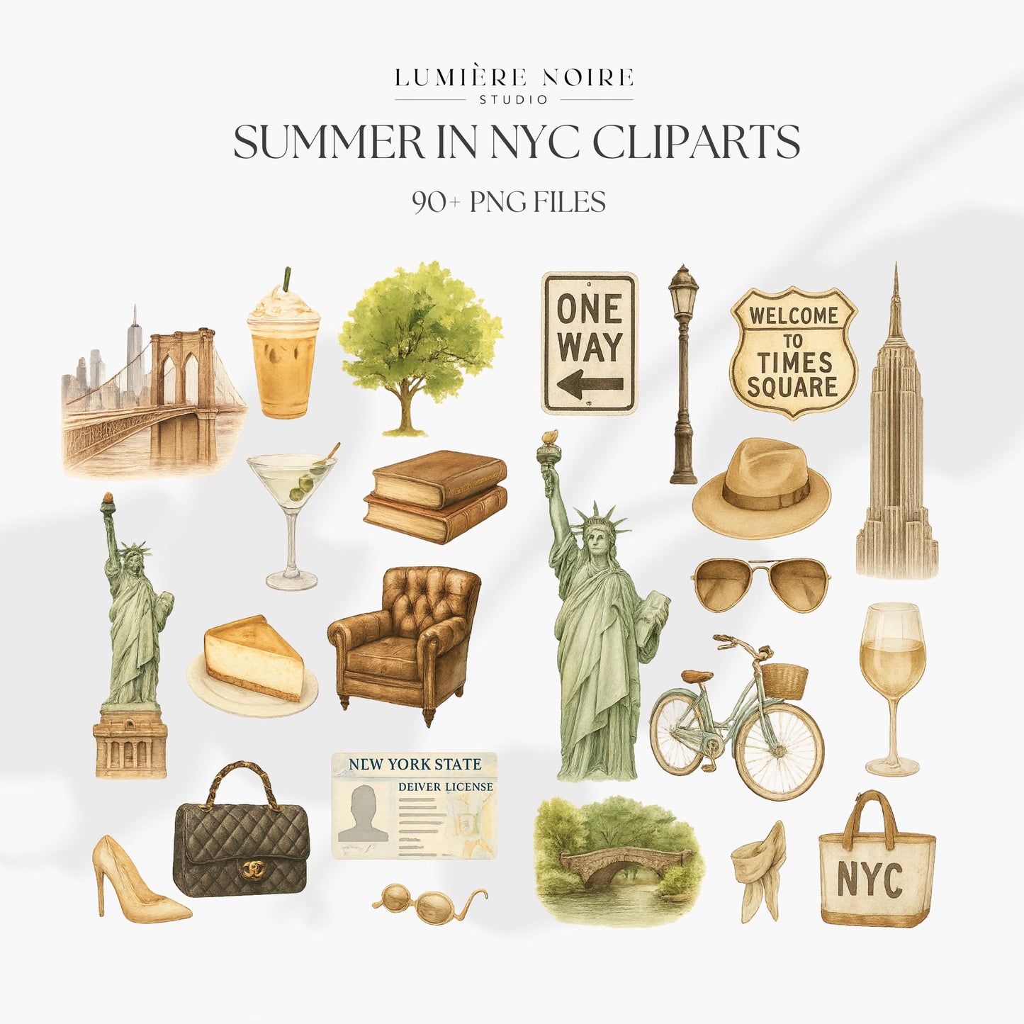 NYC Travel Clipart Pack | Handpainted City Life PNGs | Central Park, Statue of Liberty with Master Resell Rights