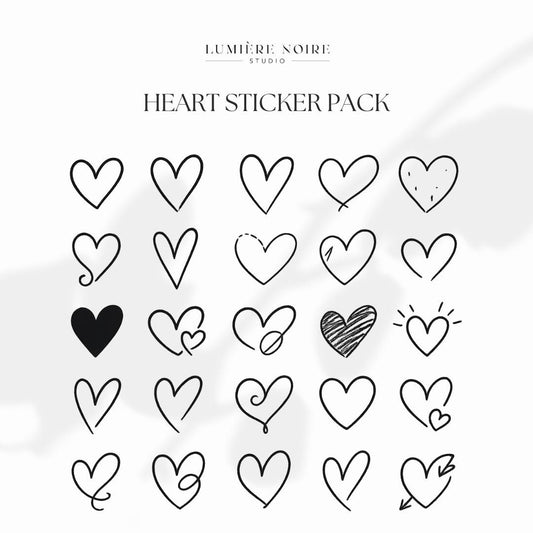 20 Black Heart Stickers | PNG + SVG Icons | Minimalist Digital Stickers | Transparent & Scalable