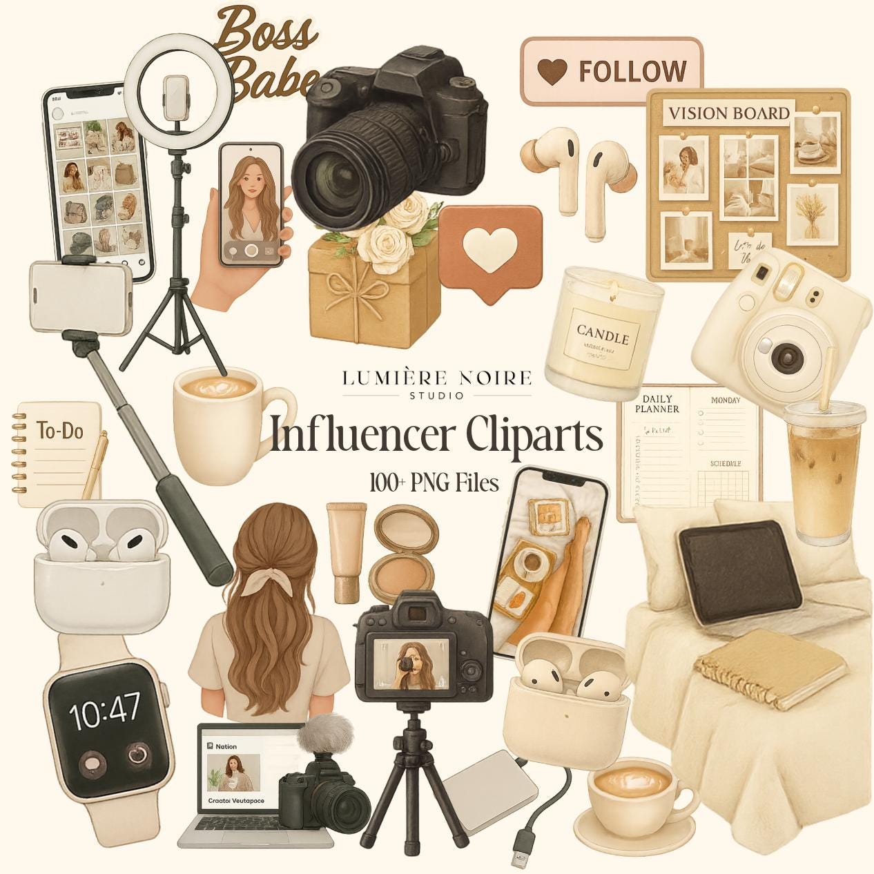 Influencer Clipart Set | 100+ PNG Files | Social Media & Content Creator Aesthetic | Digital Download with Master Resell Rights