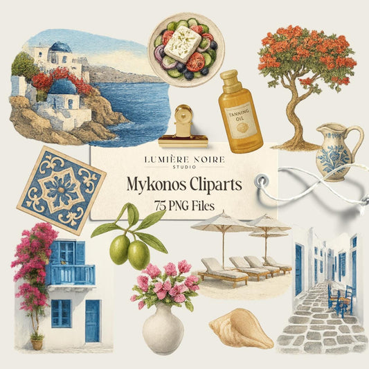 Greek Island Dreams: Mykonos Clipart Set with 75 PNG Files | Instant Download with Master Resell Rights