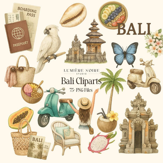 Bali Clipart Set | 75+ PNG Files | Tropical Island Aesthetic | Watercolor Travel Illustrations | Digital Download with Master Resell Rights