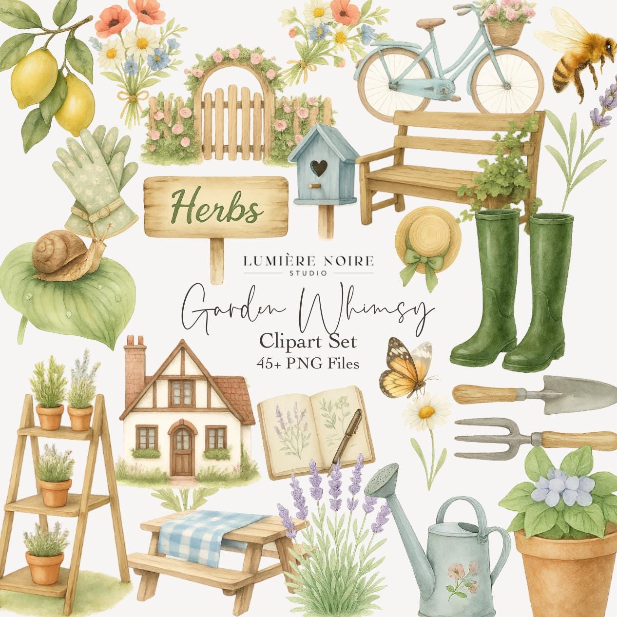 Garden Whimsy Clipart Set – 45+ Cottagecore Gardening PNGs – Watercolor Herbs, Flowers, Tools & Decor for DIY, Scrapbooking and Sublimation