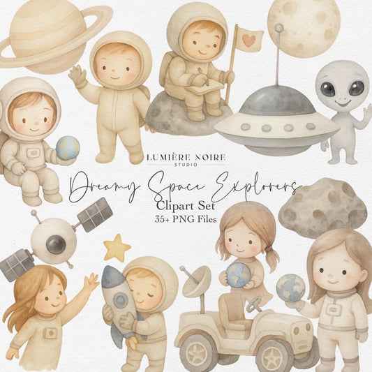 Dreamy Space Explorers Clipart Set – 35+ Watercolor Astronaut & Planet PNGs – Kids Space Birthday, Baby Shower, Sublimation and Nursery Art