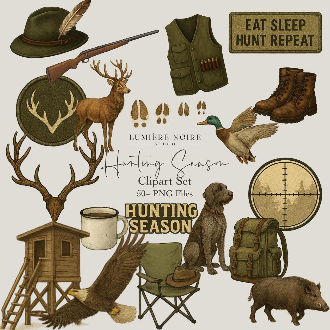 Hunting Season – Rustic Clipart Set (50+ PNGs) | Digital Download with Master Resell Rights