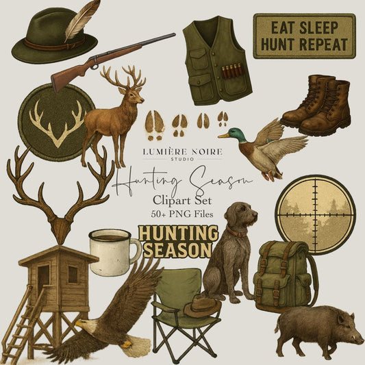 Hunting Season – Rustic Clipart Set (50+ PNGs) | Digital Download with Master Resell Rights
