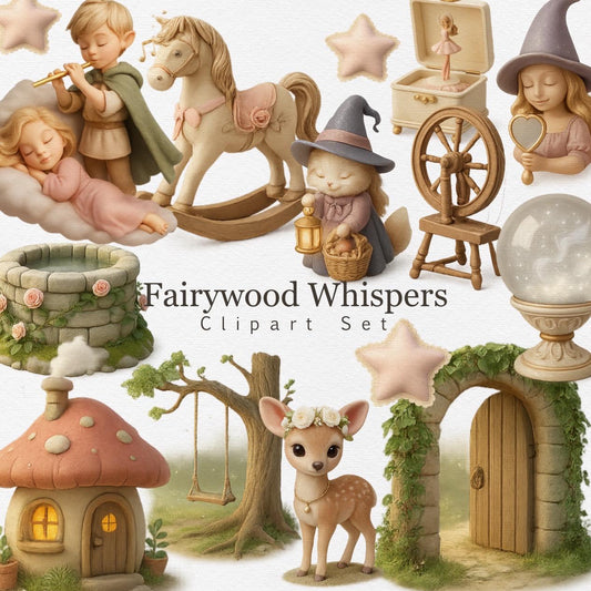 Fairywood Whispers Clipart Set – Magical PNGs | Fairy Tale Cottagecore Stickers with Elves, Deer, Crystal Ball & Enchanted Objects