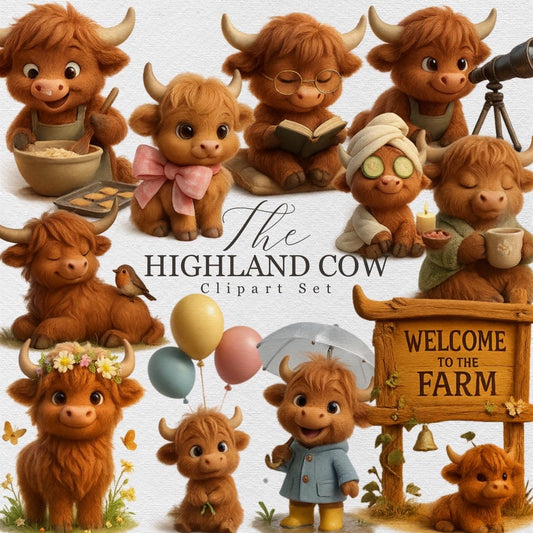 Highland Cow Clipart Set – Cute 3D Farm Cow PNGs – Cozy Baby Highland Cattle Illustrations for Stickers, Sublimation, Kids Art