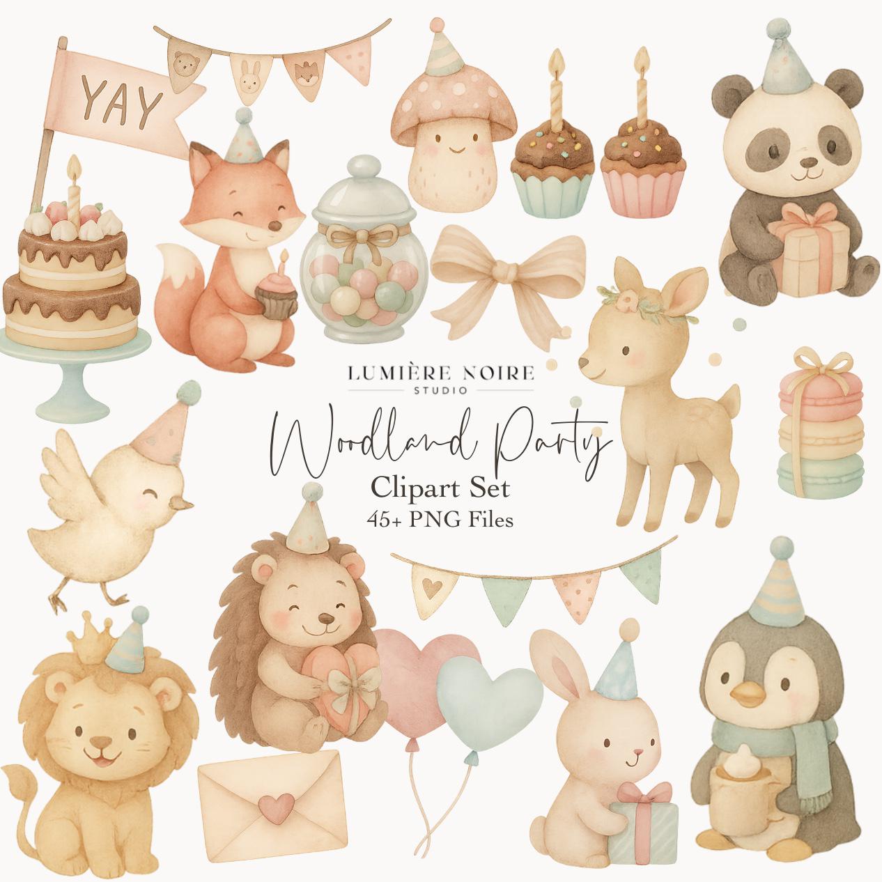 Woodland Party Clipart Set – 45+ Cute Birthday Animals & Pastel Party PNGs – Baby Shower, Nursery Art, Scrapbooking, Sublimation with MRR