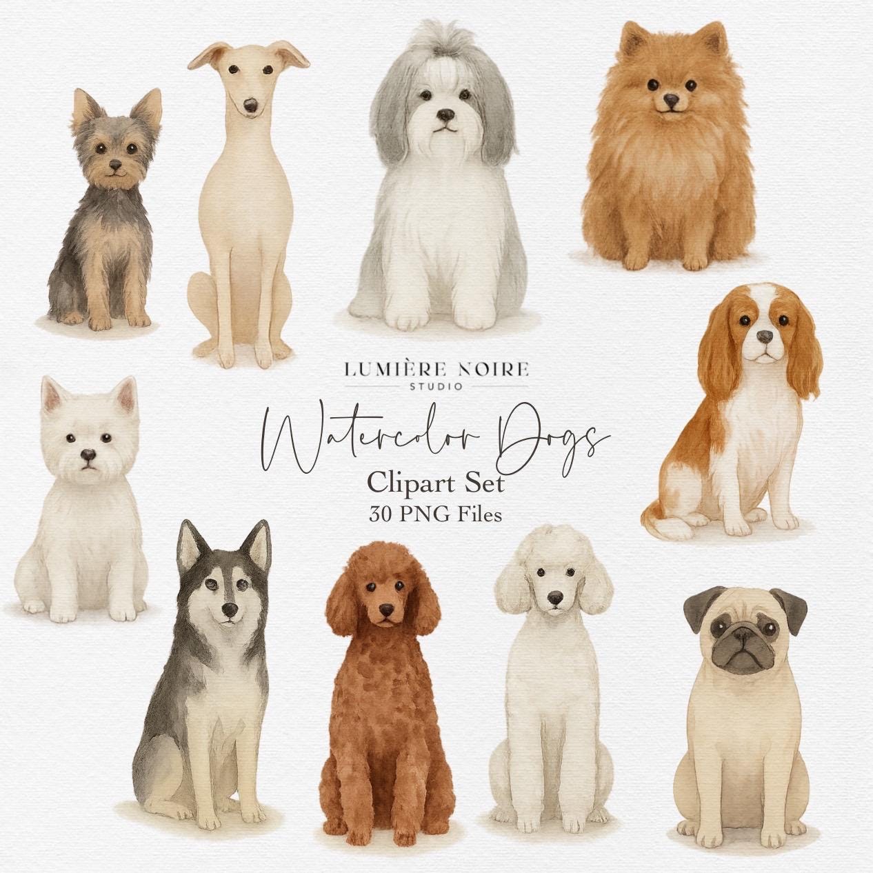 Watercolor Dog Clipart Set – 30 Realistic Dog Breed PNGs – Pet Illustrations for Stickers, Sublimation, Scrapbooking and Custom Gifts