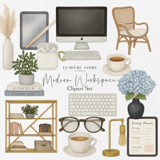 Modern Workspace Clipart Set – Neutral PNG Stickers | Office Desk, Plants, Laptop, Coffee and Organizer Illustrations for Planners