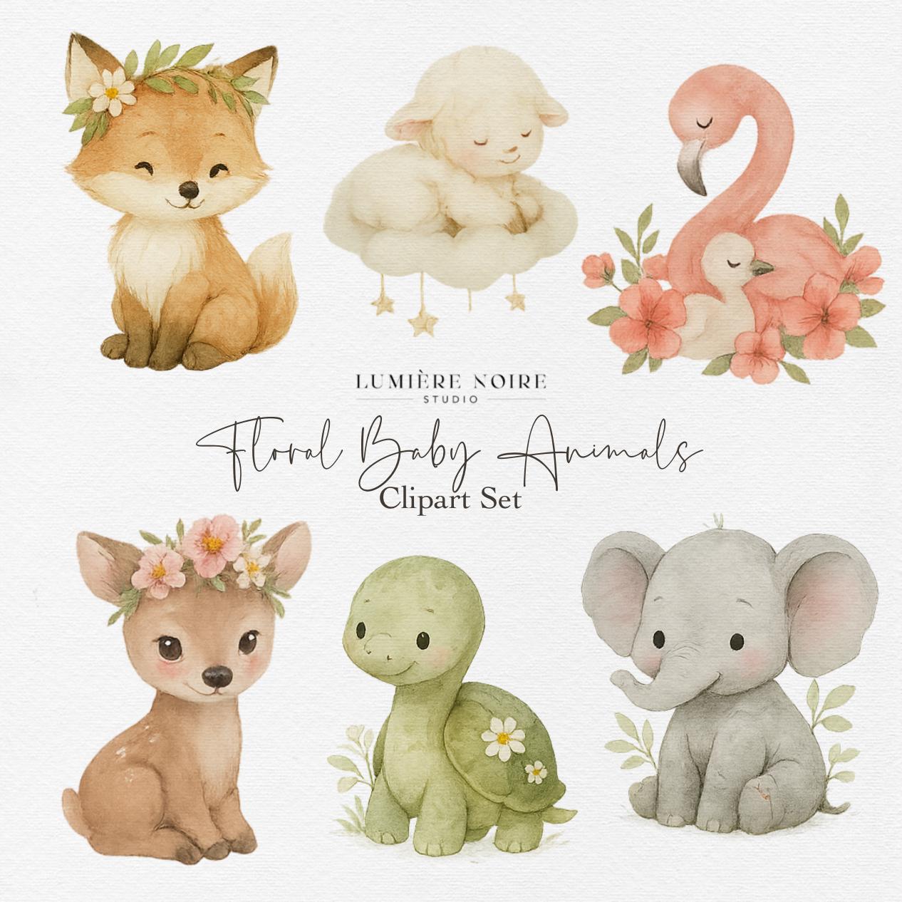 Floral Baby Animals Clipart Set – 20 Cute Watercolor PNGs | Baby Fox, Elephant, Turtle & Fawn for Nursery, Invitations and DIY Crafts