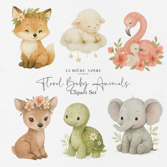 Floral Baby Animals Clipart Set – 20 Cute Watercolor PNGs | Baby Fox, Elephant, Turtle & Fawn for Nursery, Invitations and DIY Crafts