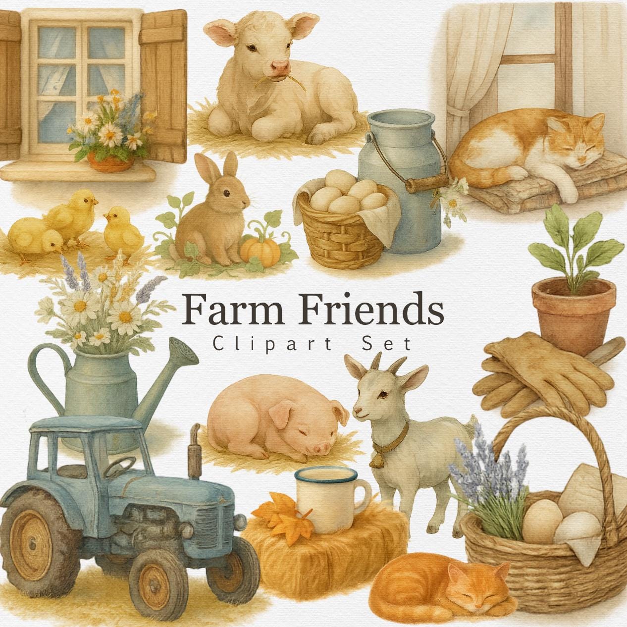 Farm Friends Clipart Set – 29 Watercolor PNGs | Cute Farm Animals, Tractor, Eggs & Flowers for Kids, Stickers and Country Crafts