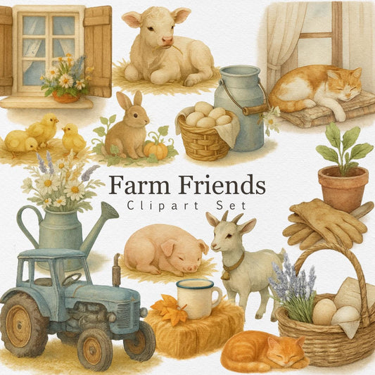 Farm Friends Clipart Set – 29 Watercolor PNGs | Cute Farm Animals, Tractor, Eggs & Flowers for Kids, Stickers and Country Crafts