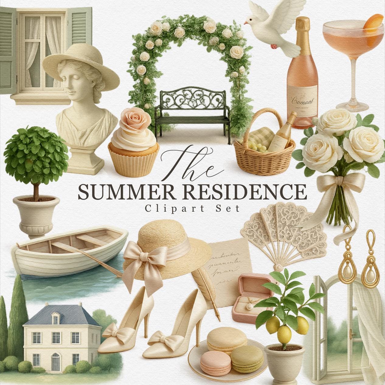 The Summer Residence Clipart Set – 32 Elegant European Estate PNGs – Champagne, Roses, Fashion, Garden & Decor for Wedding, Journals