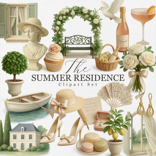 The Summer Residence Clipart Set – 32 Elegant European Estate PNGs – Champagne, Roses, Fashion, Garden & Decor for Wedding, Journals