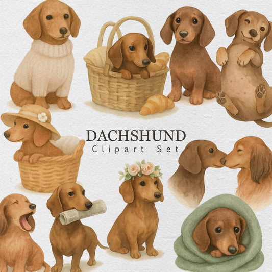 Dachshund Clipart Set – 18 Cute Watercolor Sausage Dog PNGs – Cozy Wiener Dog Illustrations for Stickers, Pet Crafts, Sublimation