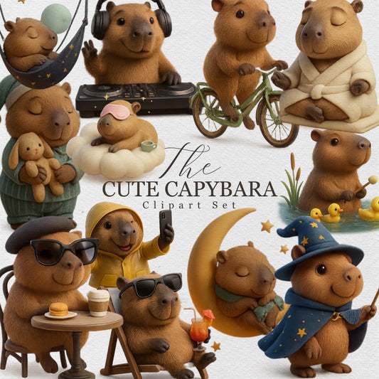 Cute Capybara Clipart Set – Adorable 3D PNGs of Cozy, Funny & Magical Capybaras – for Stickers, Sublimation, Journals and Kids’ Projects