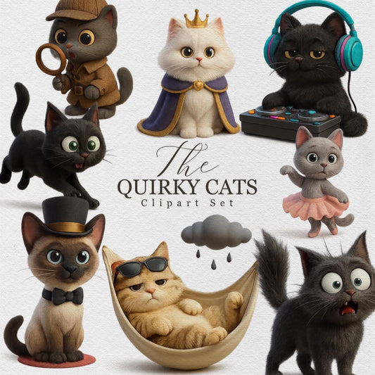 Quirky Cats Clipart Set – 30+ Funny 3D Cat PNGs – DJ Cats, Detective Cats, Royal Cats & More for Stickers, Sublimation and Journals