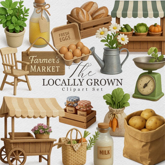 Locally Grown Farmers Market Clipart – Cartoon PNGs of Produce, Baskets & Booths – Illustrations for Sublimation, Journals and Stickers