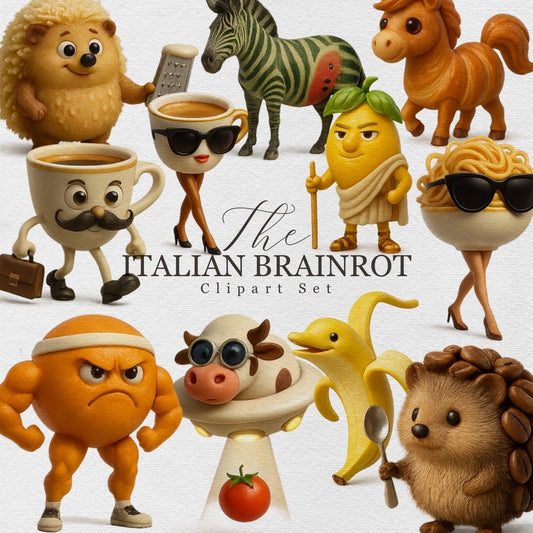 Italian Brainrot Clipart Set – Quirky 3D PNGs with Pasta, Espresso, Zebra-Melon & More – Meme-Inspired, Viral Aesthetic Stickers