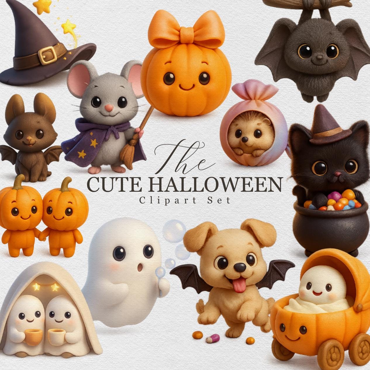 Cute Halloween Clipart Set – 25+ Adorable 3D PNGs – Pumpkins, Ghosts, Bats & Cats for Stickers, Party Invites, Sublimation and Kids Crafts