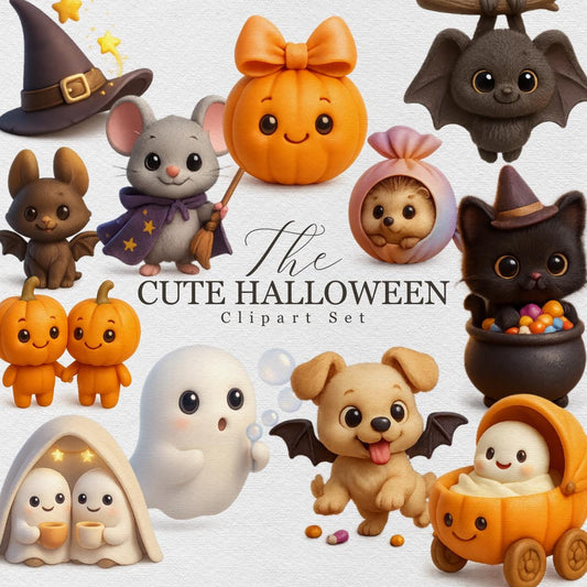 Cute Halloween Clipart Set – 25+ Adorable 3D PNGs – Pumpkins, Ghosts, Bats & Cats for Stickers, Party Invites, Sublimation and Kids Crafts