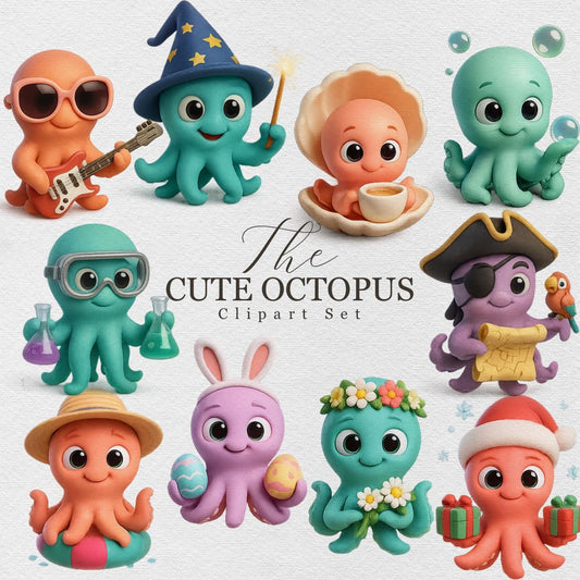 Cute Octopus Clipart Set – 25+ Adorable 3D Ocean PNGs – Kawaii Sea Animals, Pirate, Wizard & Holiday Octopus for Stickers and Sublimation