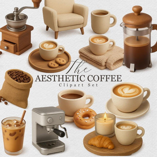 Aesthetic Coffee Clipart Set – 25+ Cozy 3D Coffee PNGs – Latte, Espresso, Donuts & Cafe Vibes for Stickers, Journals and Sublimation