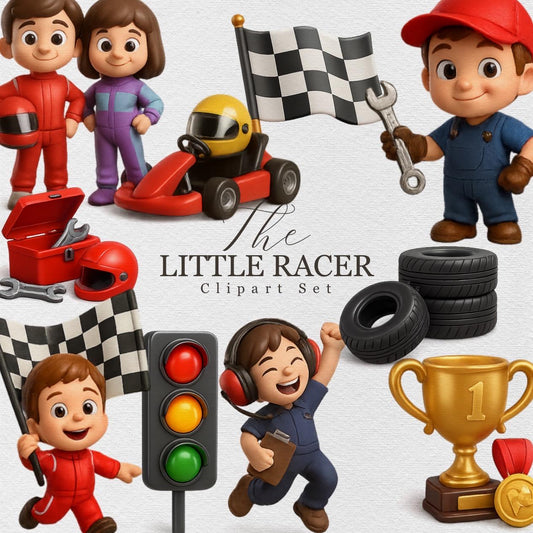 Little Racer Clipart Set – Cute 3D Racing PNGs – Kids Race Cars, Drivers, Trophies & Flags for Stickers, Party Invites, Journals