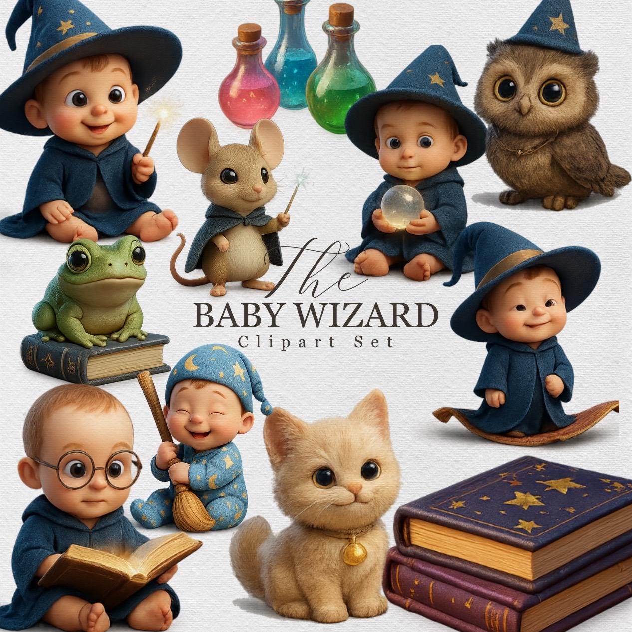 Baby Wizard Clipart Set – Magical 3D PNGs – Cute Wizard Babies, Animals & Potions for Stickers, Fantasy Journals, Sublimation