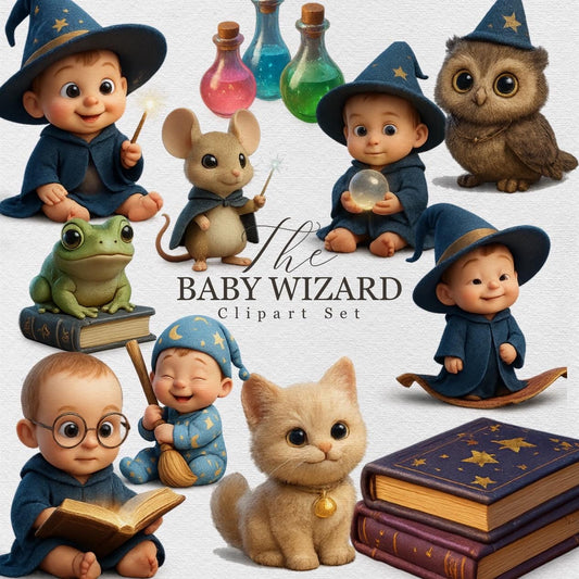 Baby Wizard Clipart Set – Magical 3D PNGs – Cute Wizard Babies, Animals & Potions for Stickers, Fantasy Journals, Sublimation