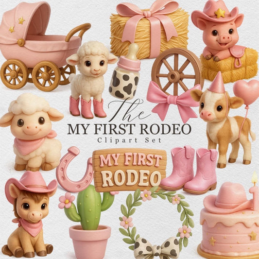 My First Rodeo Clipart Set – Cute 3D Western Baby PNGs – Cowgirl, Cowboy, Farm Animals & Pink Rodeo Party Stickers for Invites