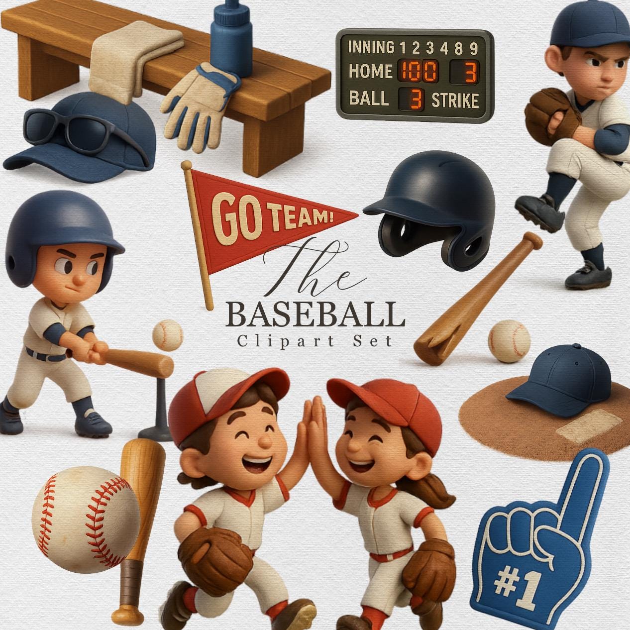 Baseball Clipart Set – 30+ 3D Sports PNGs – Players, Equipment, Scoreboard & Fans for Stickers, Sublimation and Kids’ Projects