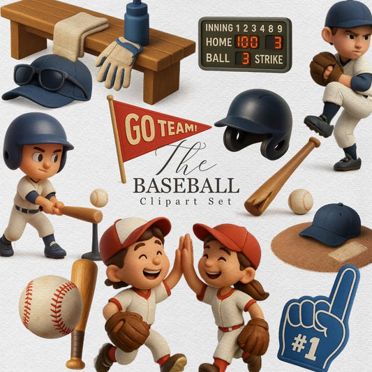 Baseball Clipart Set – 30+ 3D Sports PNGs – Players, Equipment, Scoreboard & Fans for Stickers, Sublimation and Kids’ Projects