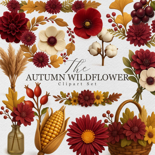 Autumn Wildflower Clipart Set – Rustic Fall Floral PNGs – Burgundy, Cream & Mustard Flowers for Thanksgiving, Wedding Invites