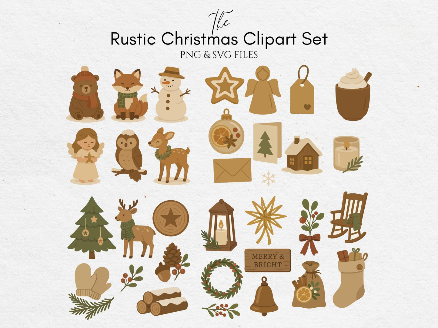 Rustic Christmas Clipart Set – Cozy Holiday PNG / SVG Files – Woodland Animals, Angels and Natural Decor for Stickers, Cards & Crafts