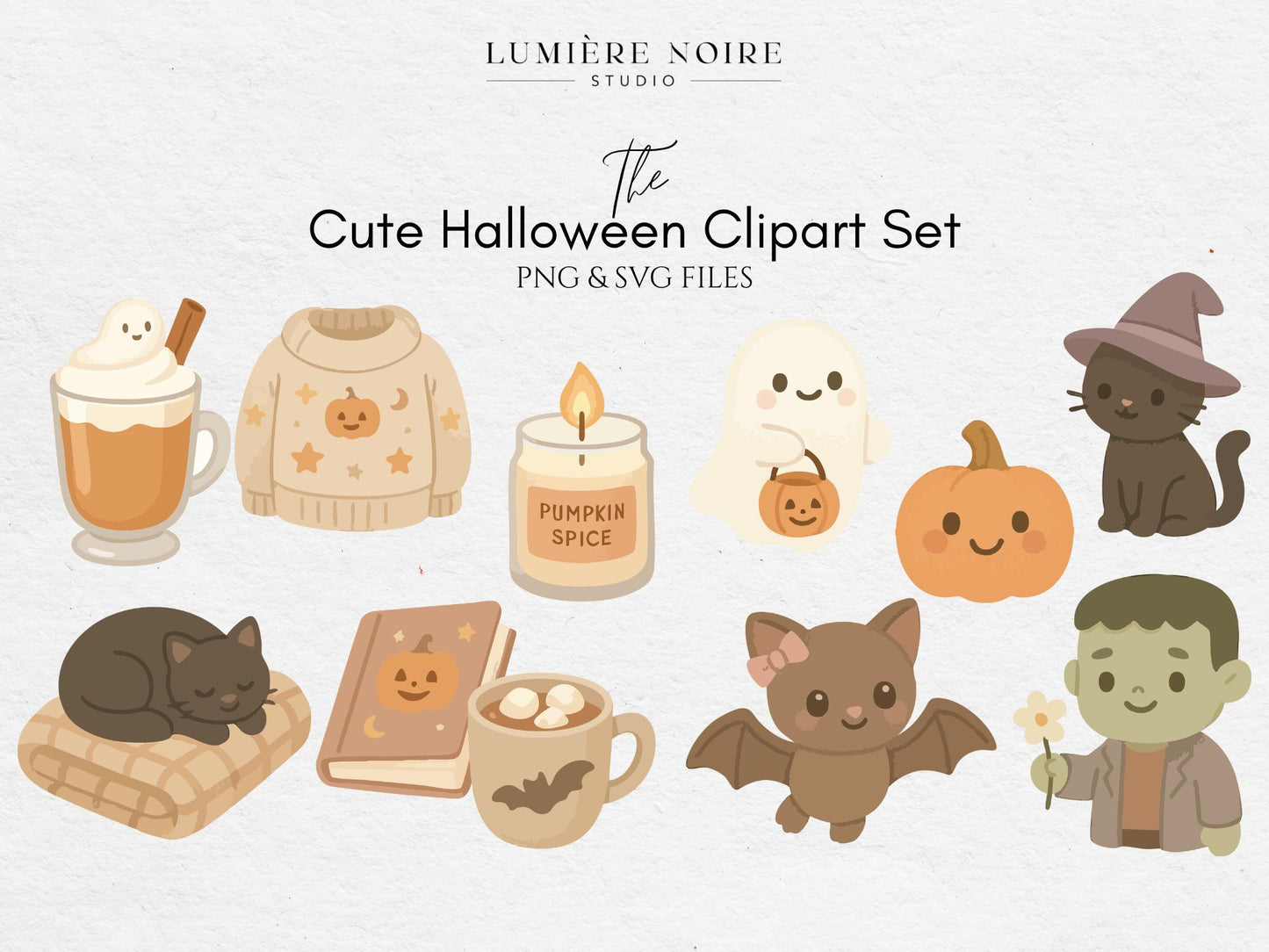Cute Halloween Clipart Set – Cozy Fall PNG & SVG Files – Ghosts, Cats, Pumpkins and Bats for Stickers, Crafts, Planners and Sublimation