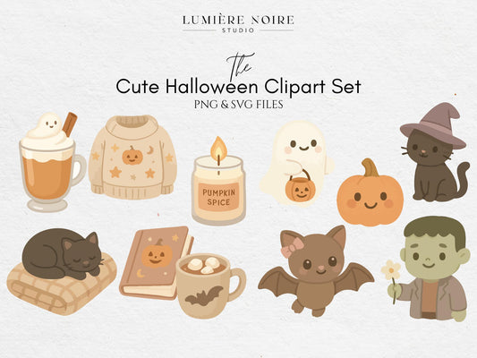 Cute Halloween Clipart Set – Cozy Fall PNG & SVG Files – Ghosts, Cats, Pumpkins and Bats for Stickers, Crafts, Planners and Sublimation