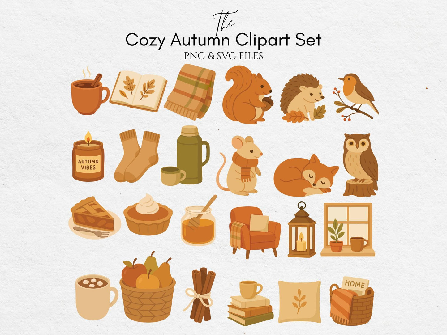 Cozy Autumn Clipart Set – PNG / SVG Files – Warm Autumn Animals, Coffee, Candles and Home Decor Stickers for Planners & Crafts