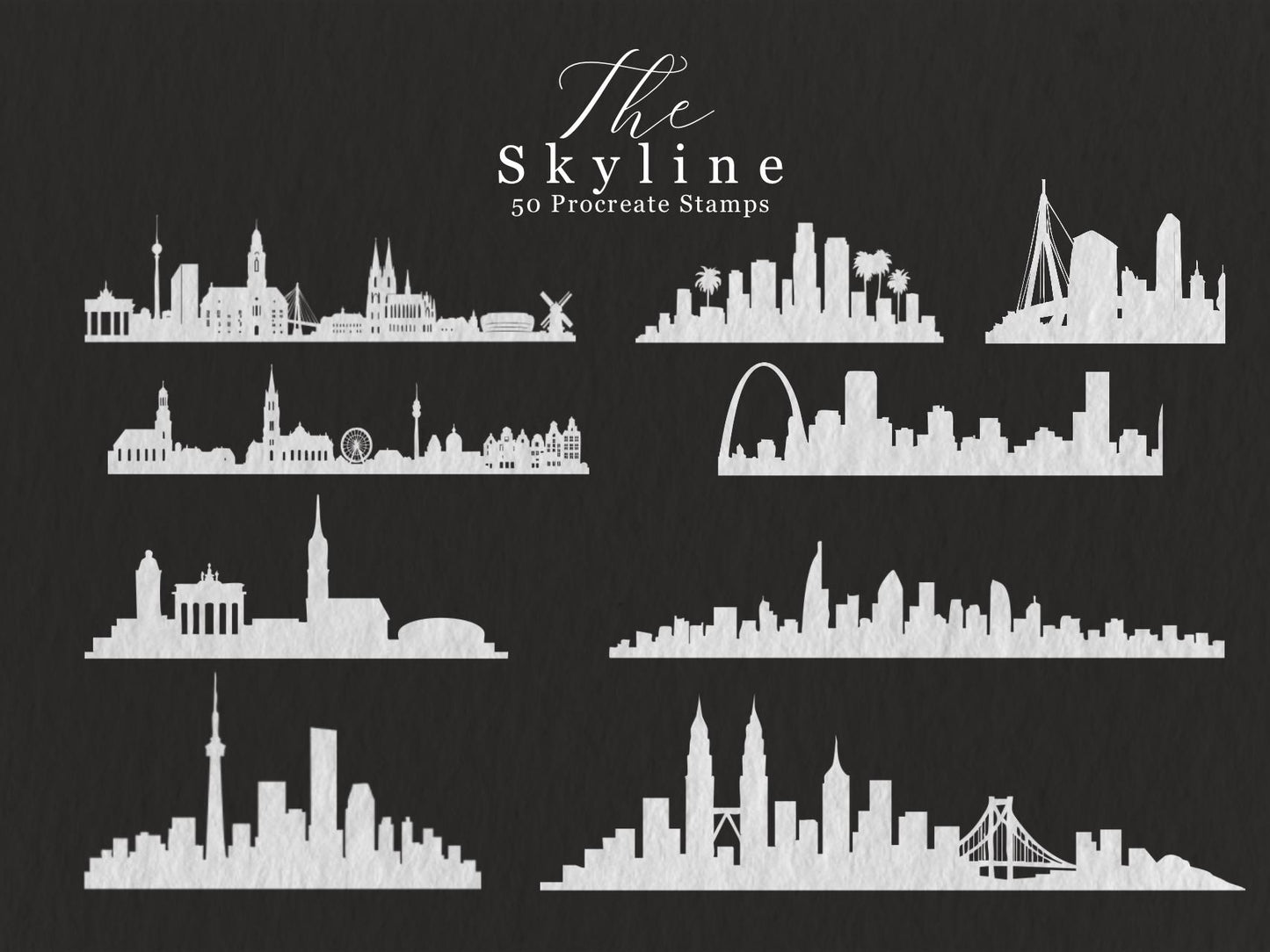 Skyline Procreate Stamp Set – 50 City Silhouette Stamps for Digital Art, Travel Illustrations & Urban Design