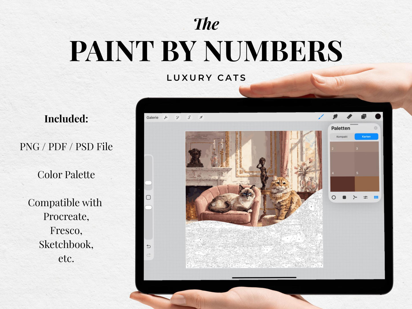 Luxury Cats Paint by Numbers – Digital Kit (Png/Pdf/Psd) • Detailed Cat Interior Scene • Procreate Compatible • DIY Coloring Page • iPad Art