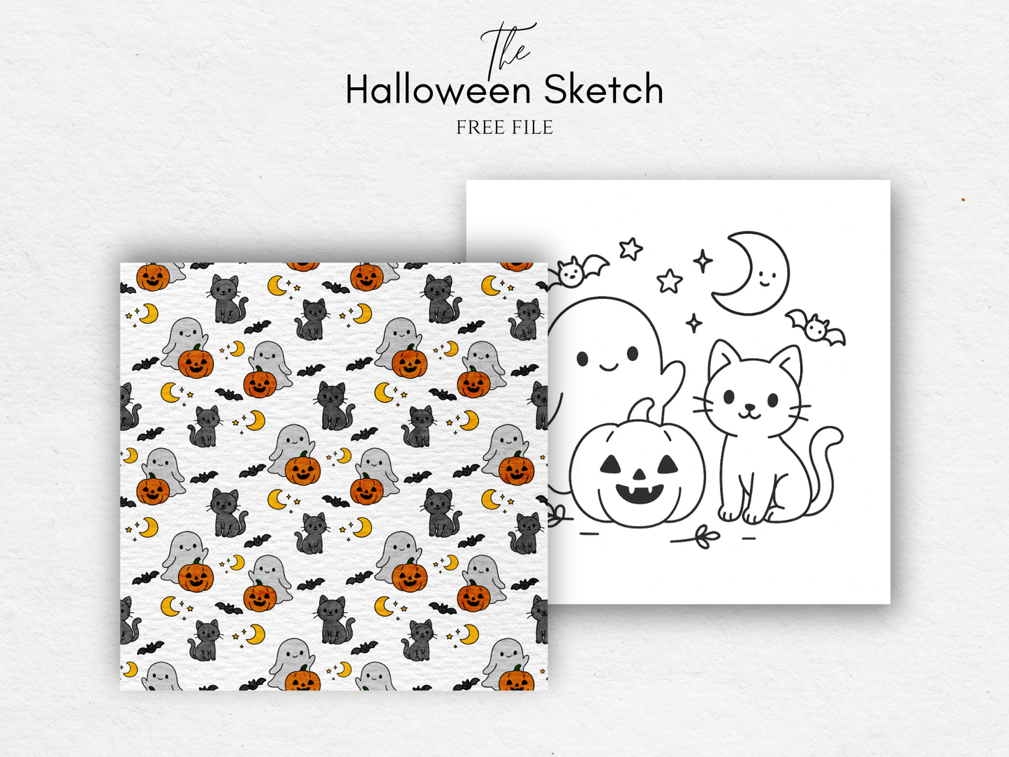 Cute Halloween Coloring Page – Free Ghost, Cat & Pumpkin Sketch Template