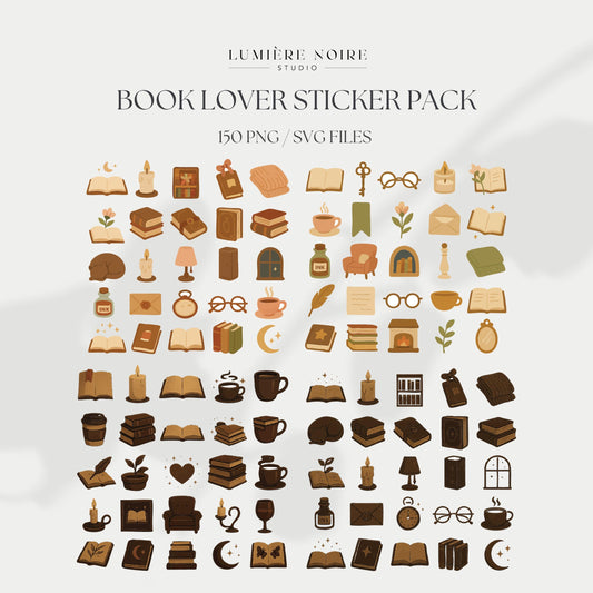 Book Lover Sticker Cliparts Bundle - 150 PNG / SVG Files, Cozy Lineart, Dark Academia & Cottagecore Designs with Master Resell Rights