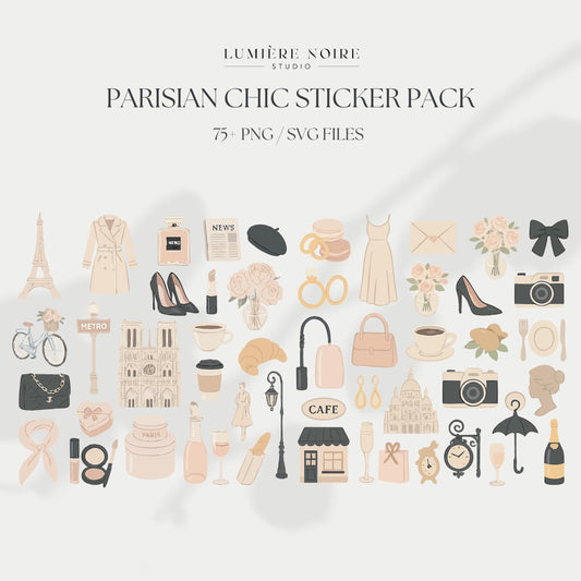 Parisian Chic Sticker Cliparts Bundle - 70+ Fashion, Café & Travel Icons PNG SVG, Digital Download with Master Resell Rights