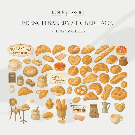 French Bakery Sticker Clipart Set | 60+ Realistic PNG & SVG Illustrations | Croissants, Pastries, Café Icons | Master Resell Rights