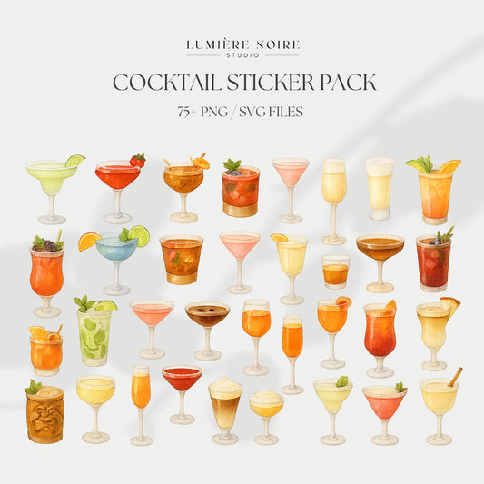 Cocktail Sticker Bundle | 75+ Watercolor PNG & SVG Clipart for Planners, Menus, Party Decor with Master Resell Rights