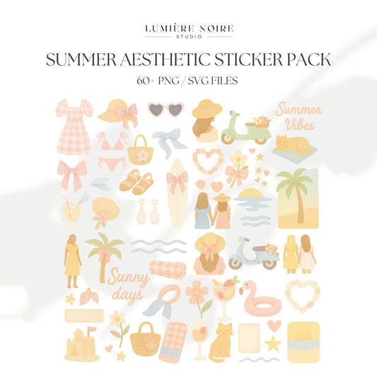 Summer Aesthetic Sticker Pack | 60+ PNG & SVG Files | Pastel Digital Clipart with Master Resell Rights